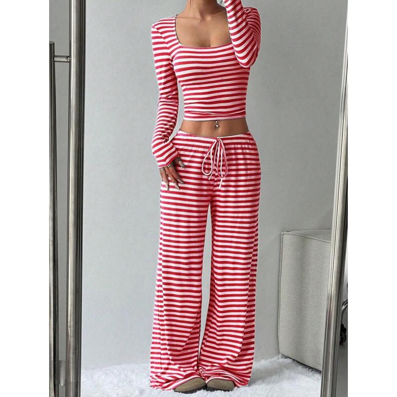 Women's Loose Fit Two Piece Outfit Set Long Sleeve Square Neck Crop Top Drawstring Waist Wide Leg Striped Tracksuit Loungewear