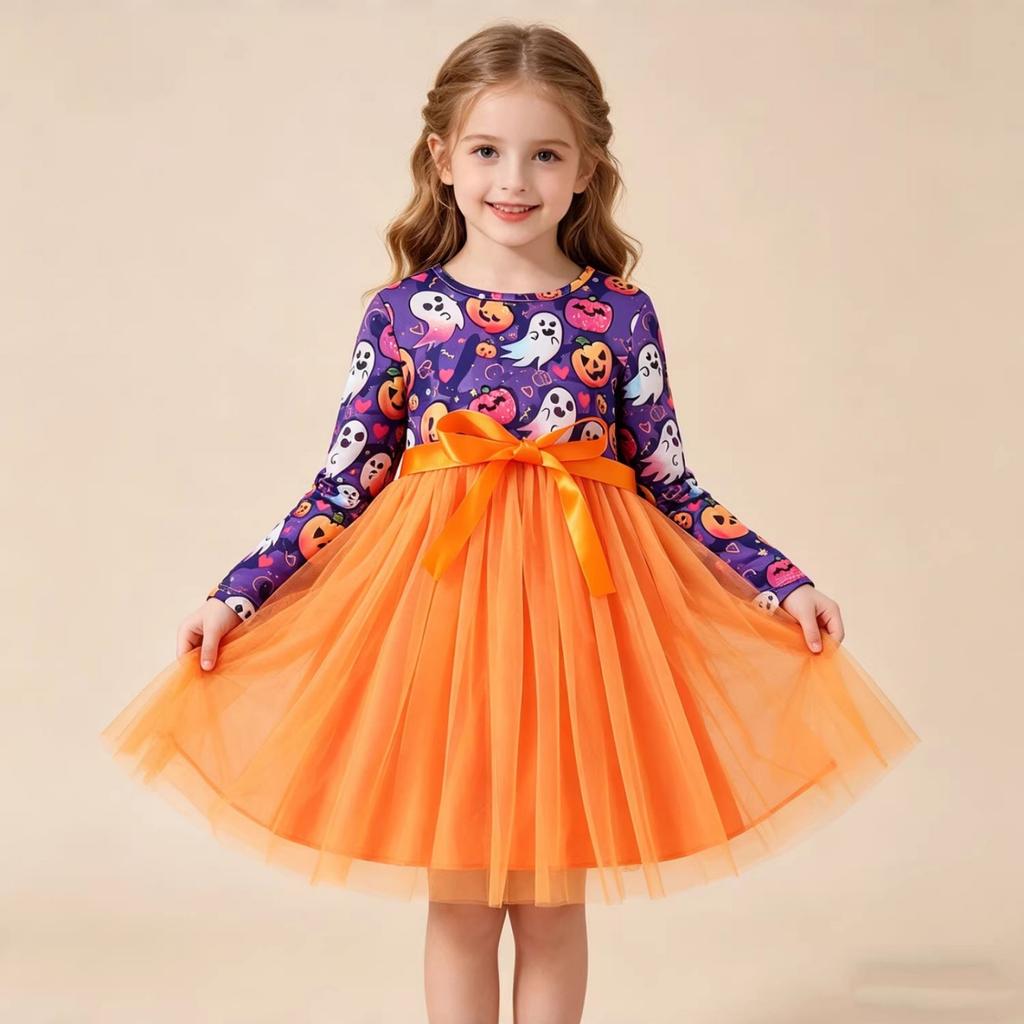 Girls' Halloween Long Sleeve Neck Pumpkin Print Mesh Patchwork Dress