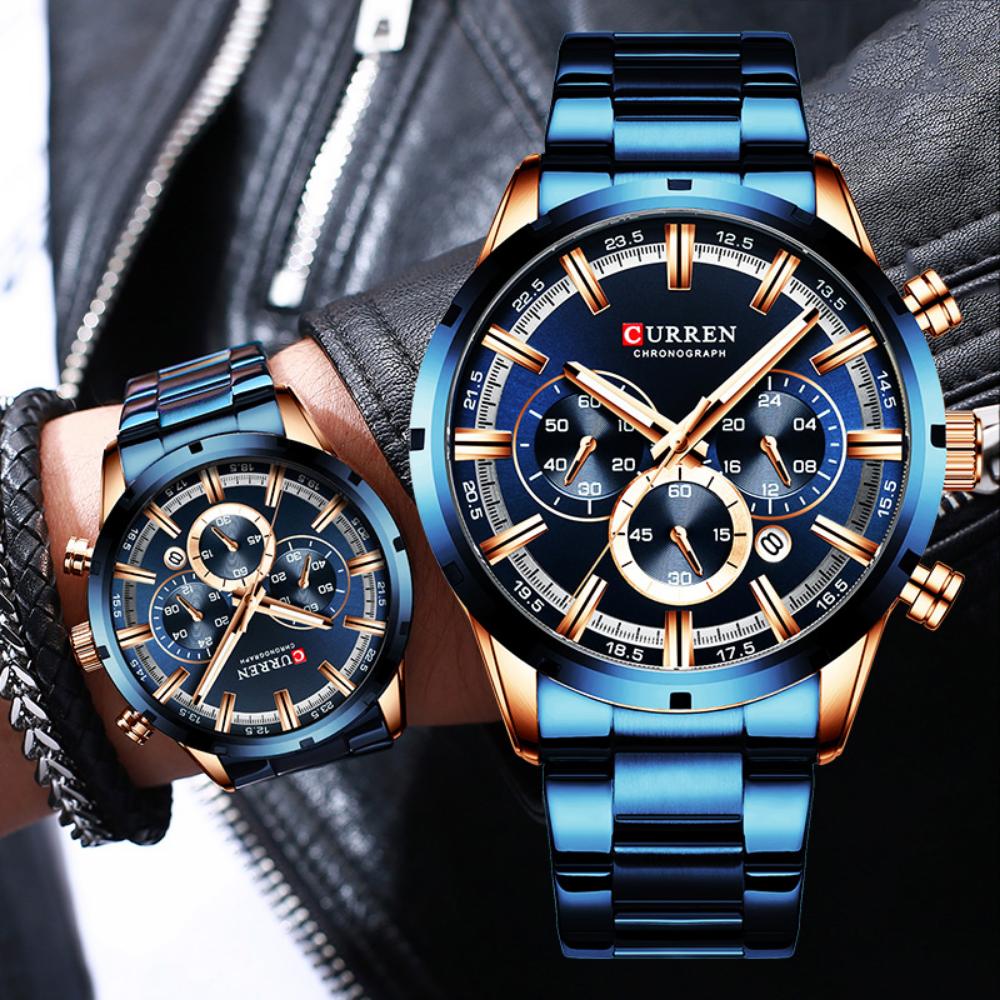 CURREN Herrenuhr Blaues Zifferblatt Edelstahlarmband Datum Herren Business Wasserdicht Herren Armbanduhren