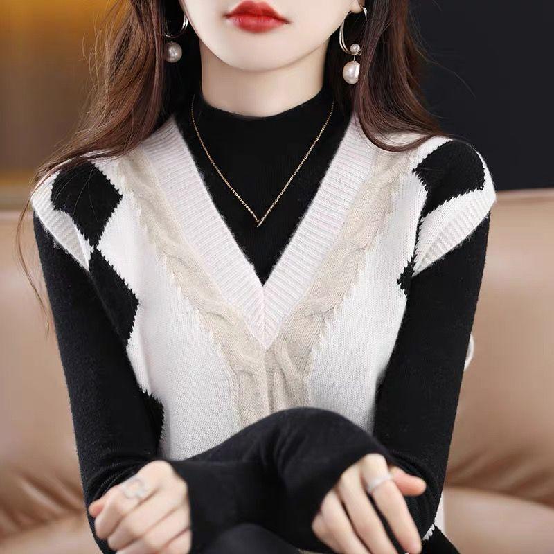 V-neck Contrasting Jacquard Vest for Women Autumn and Winter Sleeveless Sweater Pullover Loose Knit Sweater