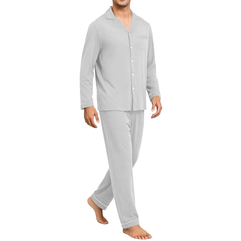 Men's Comfortable Button-Down Pajama Set Long Sleeve Loungewear for Sleep and Home