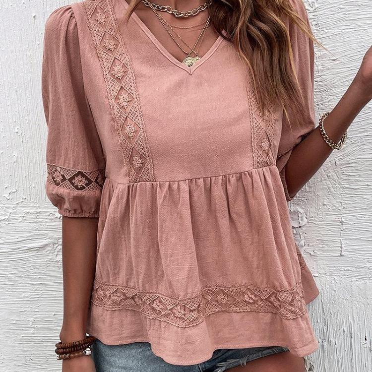 Women Casual Summer Short Sleeve V Neck Blouse Shirt Pink Cotton Linen