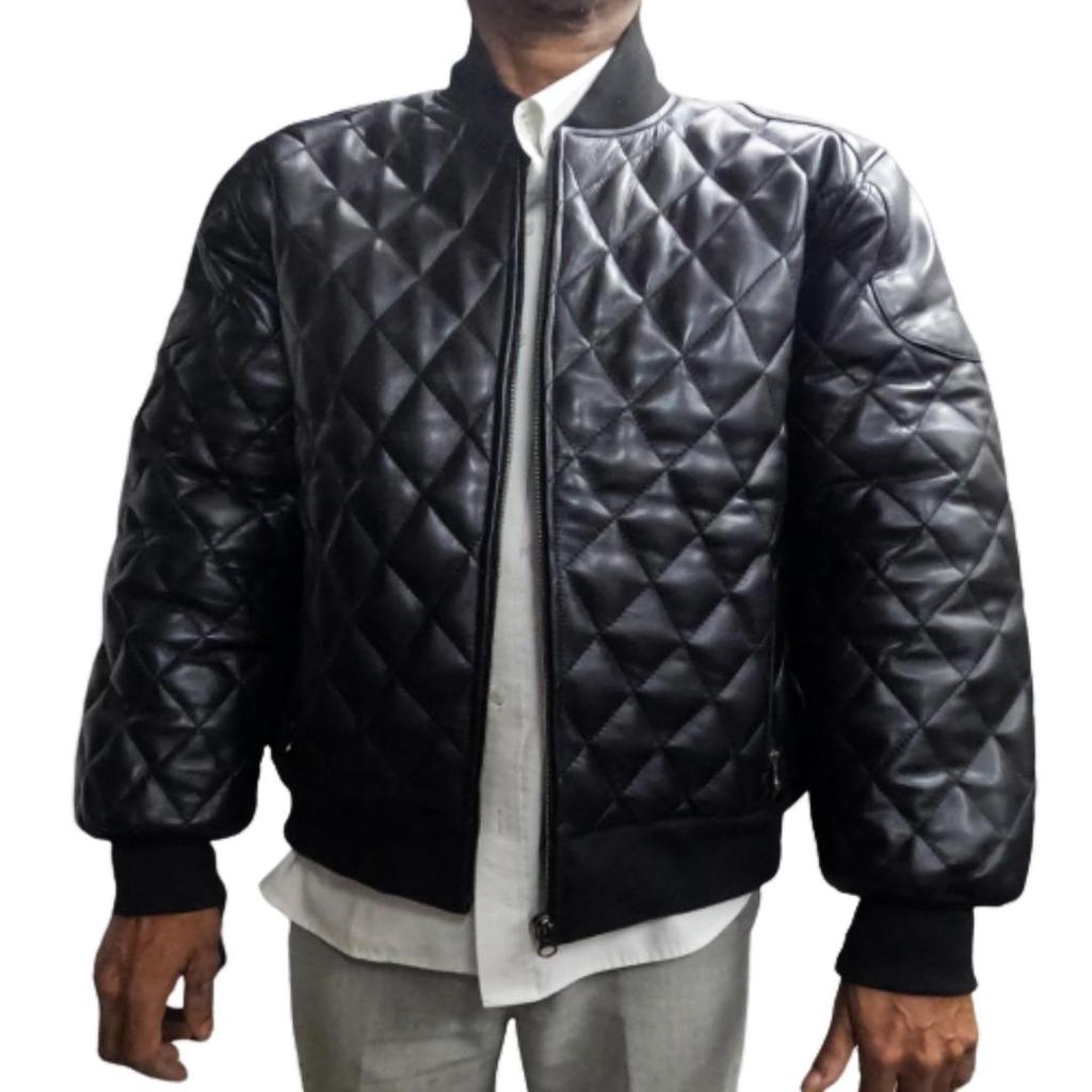 NOORA Schwarze gesteppte Lederjacke für Herren, Pufferjacke aus schwarzem Leder im Steppstil für Herren, gesteppte Bomberjacke für Herren