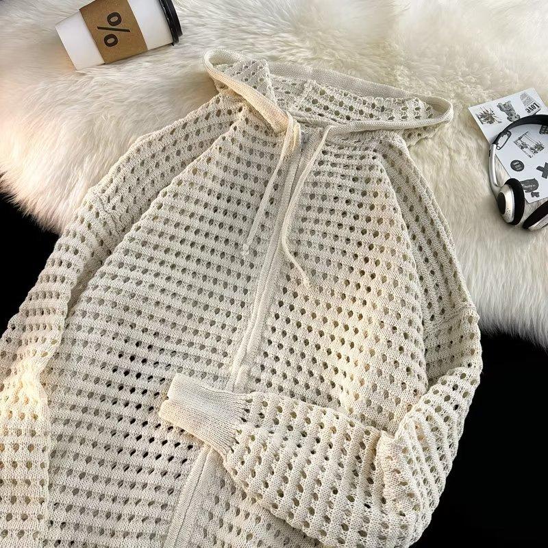 Hollow knitted sweater design sense hooded loose outer with thin jacket Korean version spring and summer zipper cardigan top men