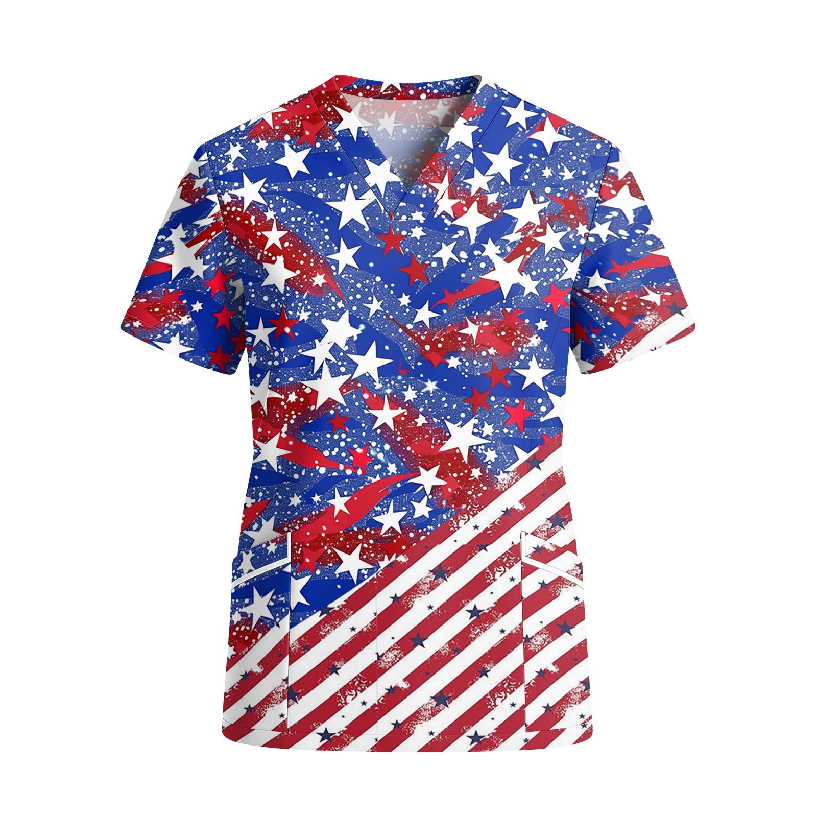 

Women s V Neck Short Sleeve Work Shirt with Pockets Independence Day Star Print Medical Scrub Top for Healthcare Professionals S синий
