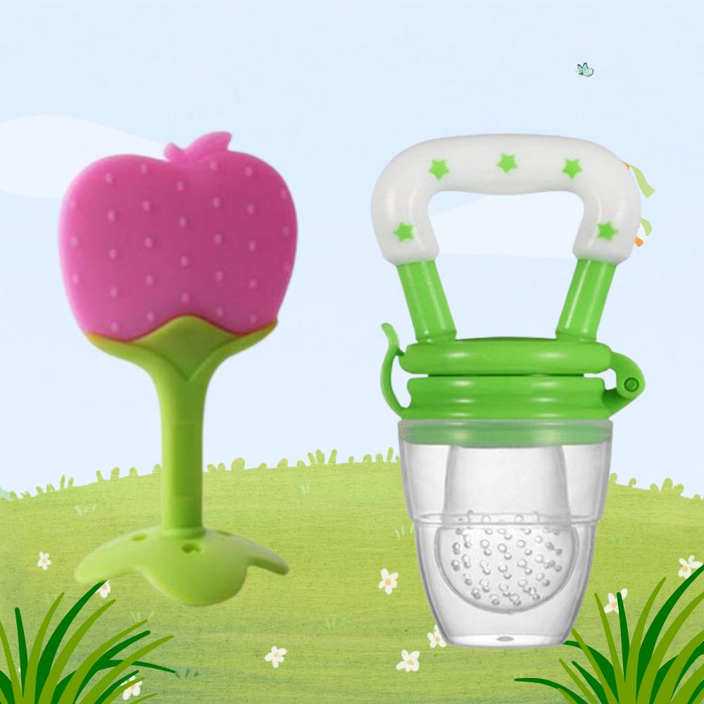 Baby Fruit Feeder & Teether Combo – Soft Silicone Feeding Nibbler and Teething Toy Set