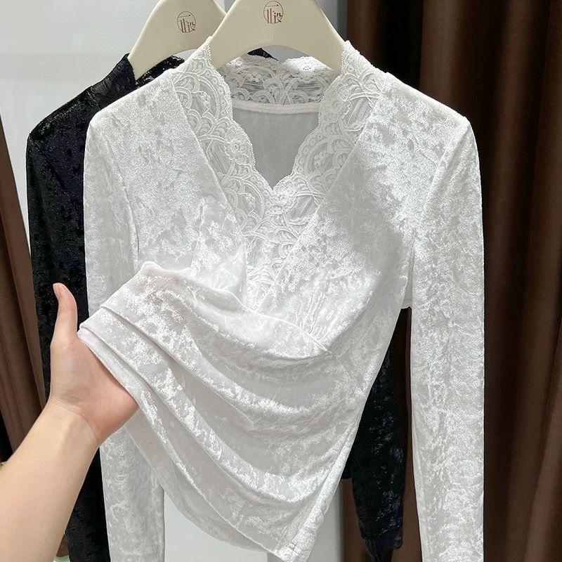 Women's Velvet Base Shirt  Autumn/Winter  Lace V-Neck  Slim Fit Stretch Pullover Velvet T-Shirt