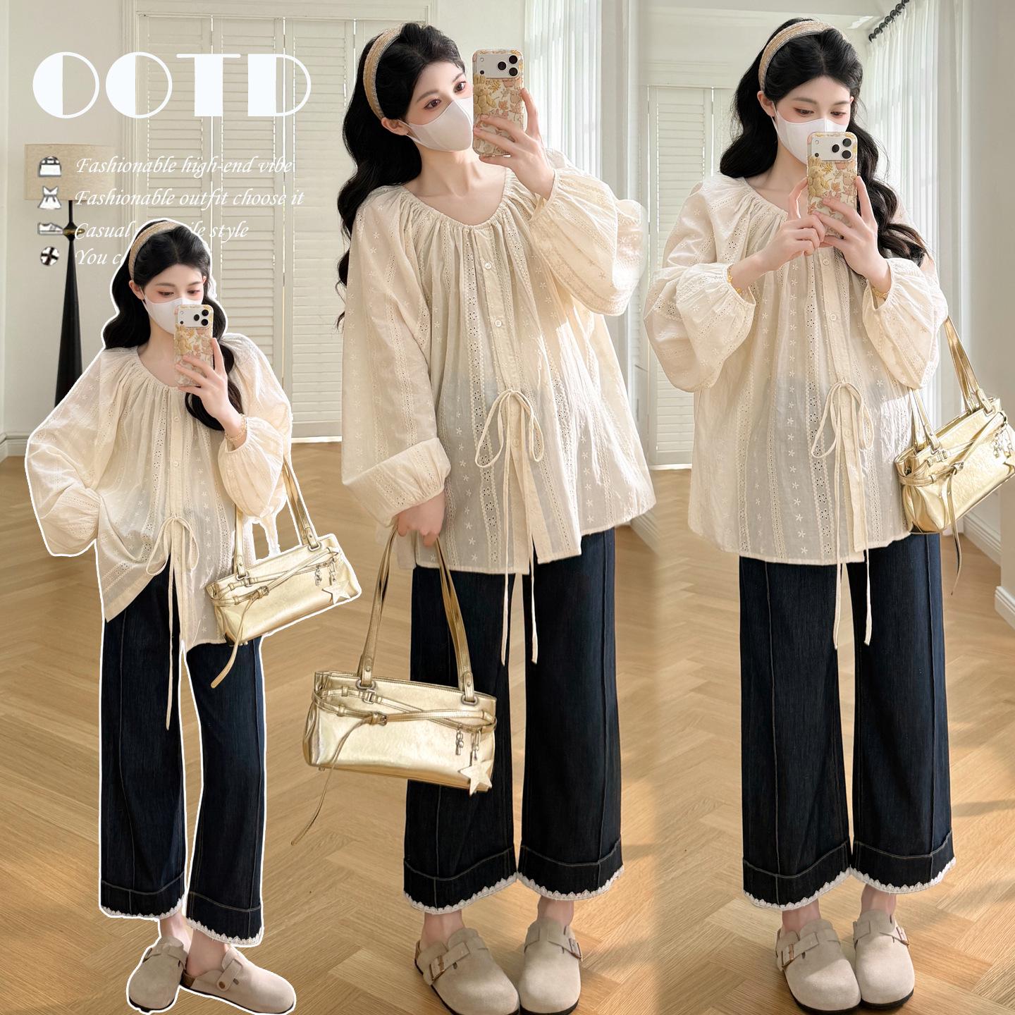 Spring 2026 Maternity Lantern Sleeve Blouse With Hollow Design M