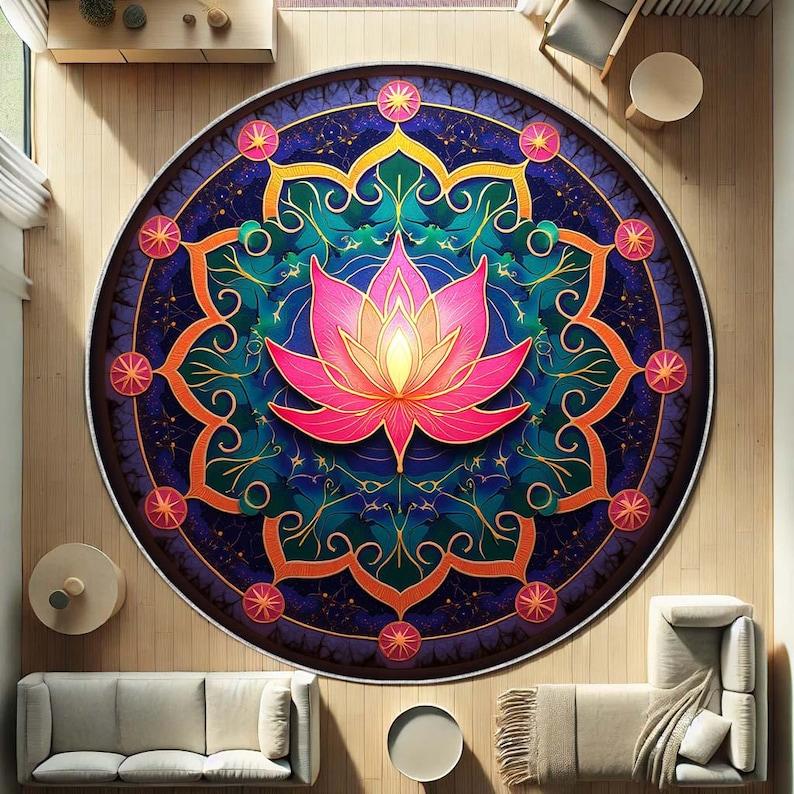 

Pink Purple Lotus Round Rug, Boho Meditation Mat for Yoga Room, Spiritual Flower Carpet for Zen Decor, Circle Floor Mat Diameter 60cm