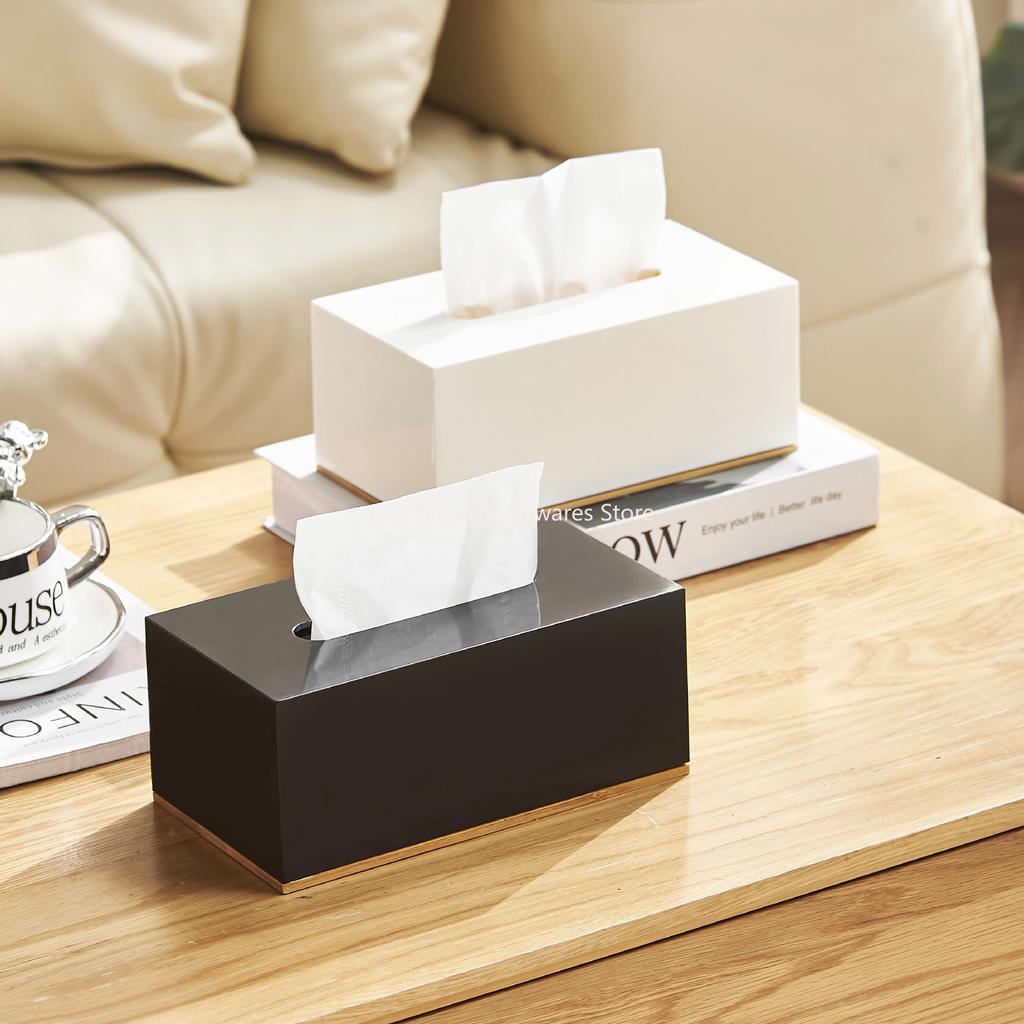 Stijlvolle Plastic Tissuebox met Bamboe Basis Bureau-organizer voor Woonkamer Huis Kantoor Salontafel Badkamer Gebruik