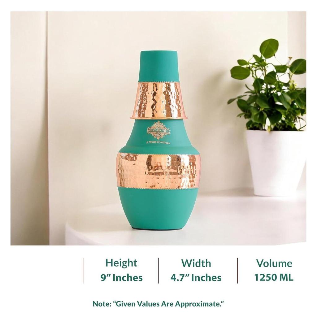 Pure Copper Bedroom Bottle with Inbuilt Glass Storage & Drinkware, Volume 1.25 Litre (Pack of 2)