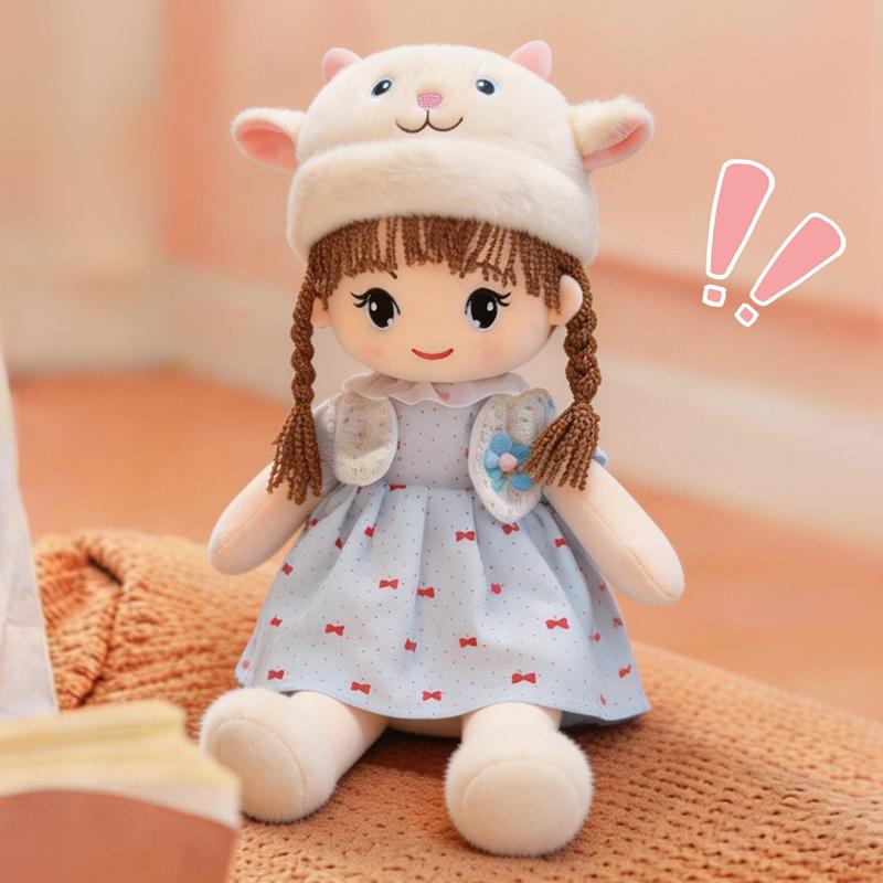 45cm Kawaii Schönes Mädchen Plüschpuppe Kissen Trägt Kleid Lammhut Frauen Mädchen Weiche Person Puppe Heimdeko Geschenk Für Kinder