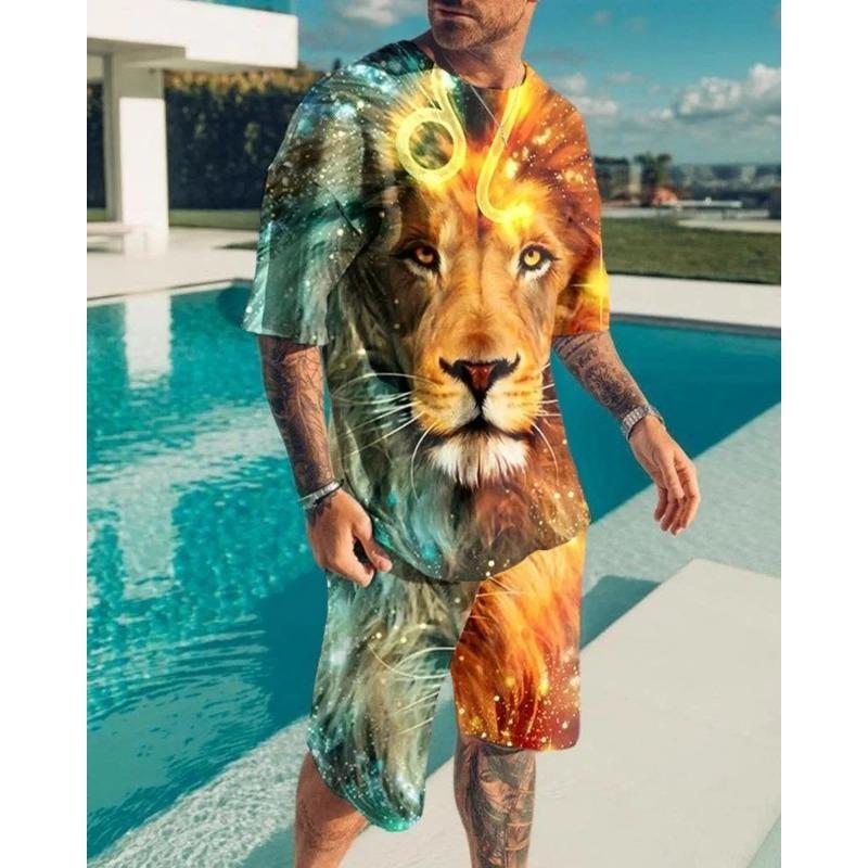 Roar Golden Lion Head Short Sleeve 2Pcs Set 3D Print Men Sweatshirt O-neck T-Shirt Set Men Oversized Tshirt Suit Men Clothes
