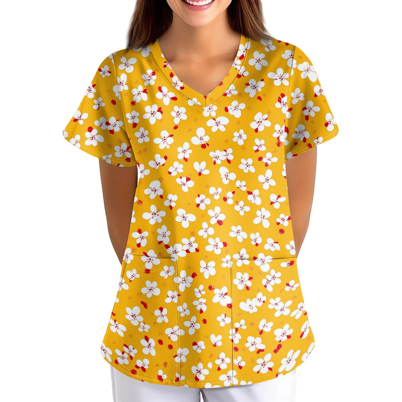 

Loose Fit Floral Print V Neck Short Sleeve Medical Scrub Top with Pockets for Nurses Caregivers and Healthcare Professionals XXXXXL жёлтый