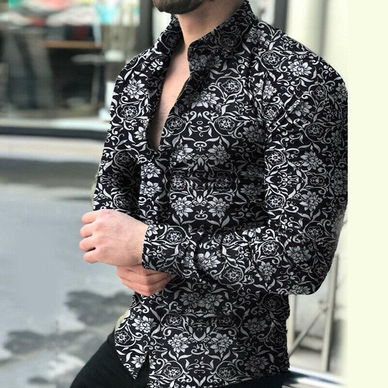 

Casual Longsleeve Men Shirt Business Slim Fit Shirt Floral Printed Blouse Tops Black,M