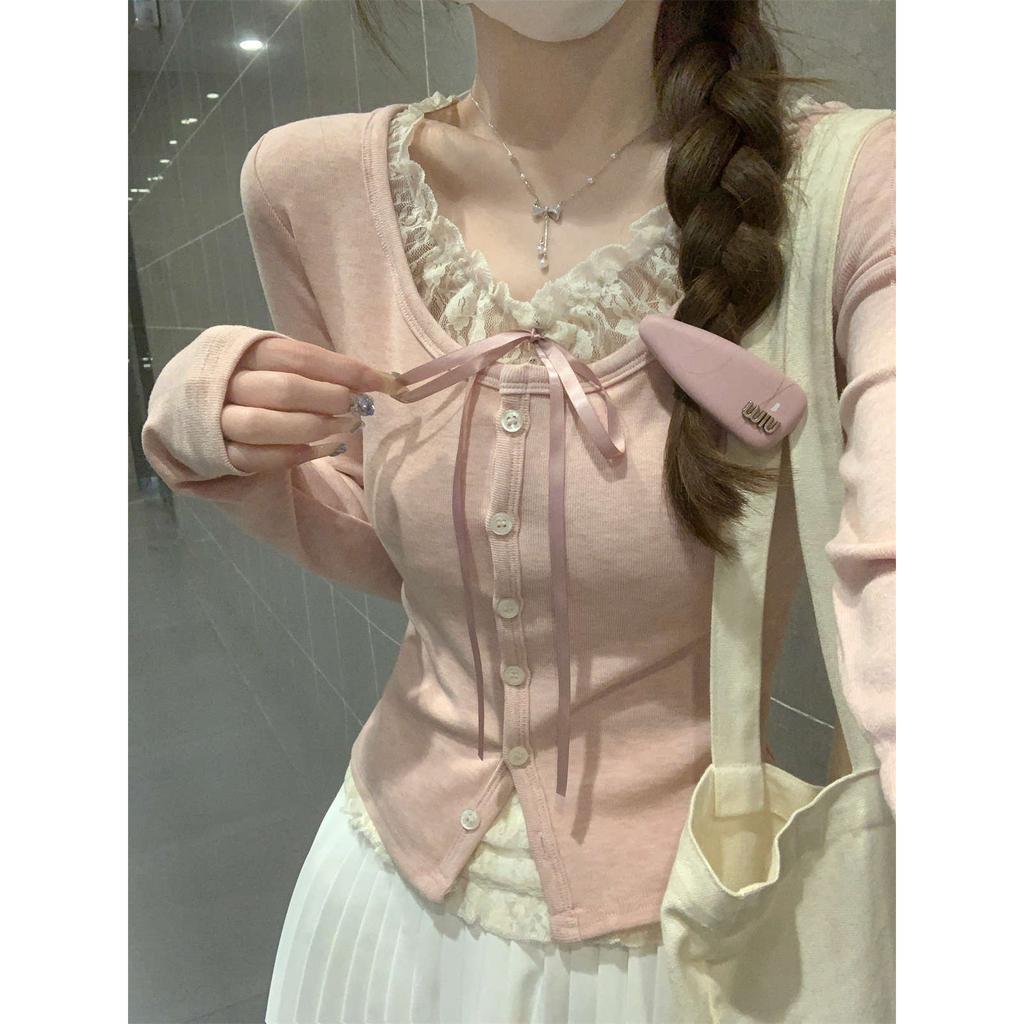Lace stitching sweet fake two-piece long-sleeved T-shirt women's autumn small man Korean version pure desire single-breasted design top