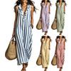 Damen Gestreiftes Baumwoll-Leinen Maxikleid Ärmellos Rüschen V-Ausschnitt Langes Kleid Boho Strand Fließendes Sommerkleid mit Taschen