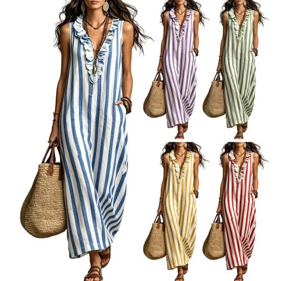 Damen Gestreiftes Baumwoll-Leinen Maxikleid Ärmellos Rüschen V-Ausschnitt Langes Kleid Boho Strand Fließendes Sommerkleid mit Taschen