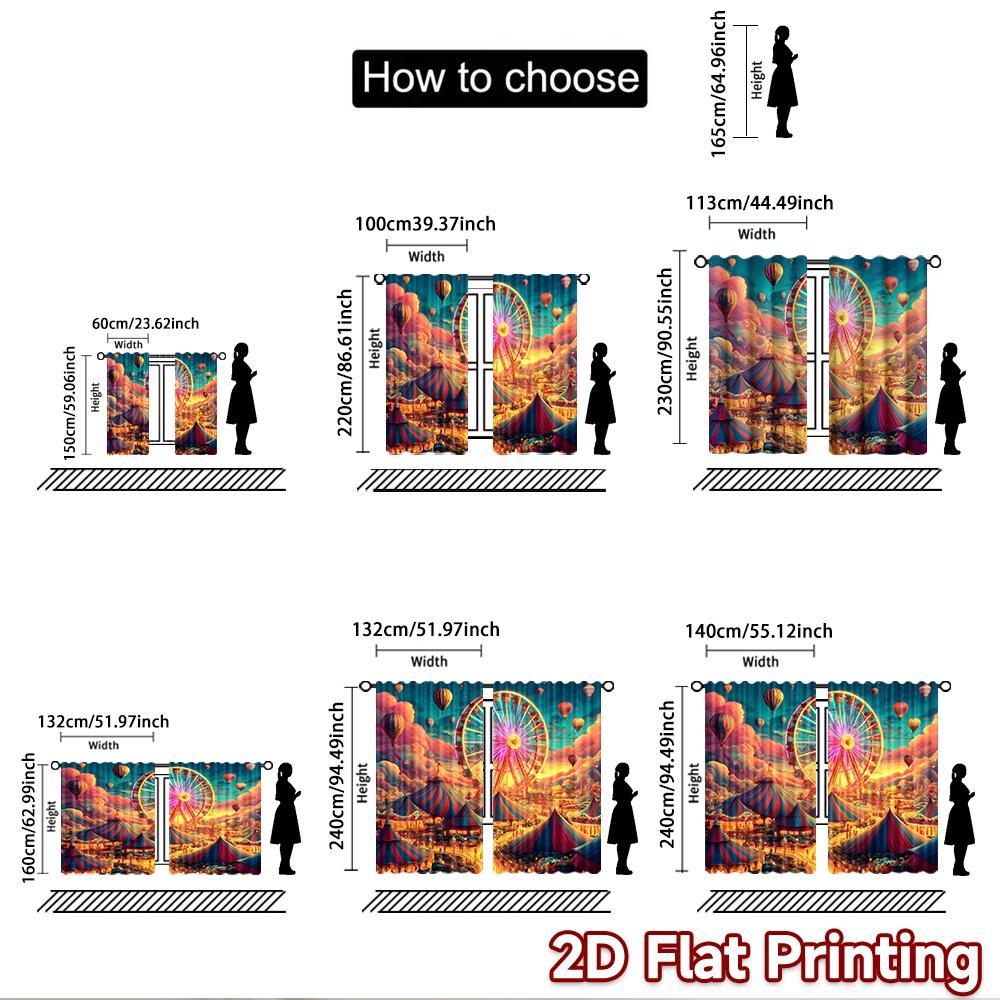 2D flat printing 2pcs Party Curtain Carnival Festival Ferris Wheel Hot Air Balloons Digital Printed Polyester Drapes Festive