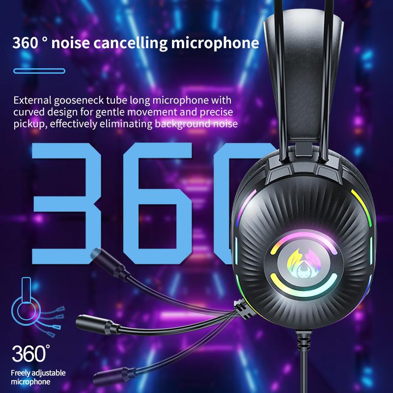 Gaming-Headsets mit Mikrofon, Geräuschunterdrückende kabelgebundene Kopfhörer mit farbigem LED-Licht 7.1 Surround Sound Over-Ear