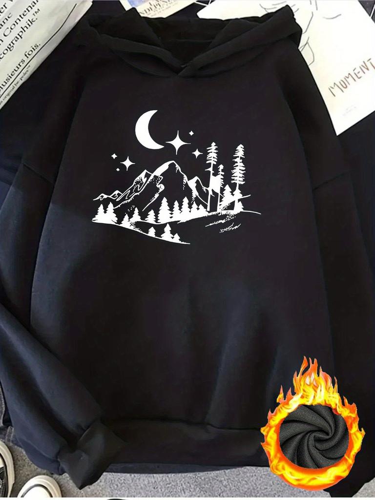 Women's Fashionable and Elegant Y2K Style Star Moon Mountains and Trees Pattern Print -Lined Hooded Sweatshirt Long Sleeve Pullove
