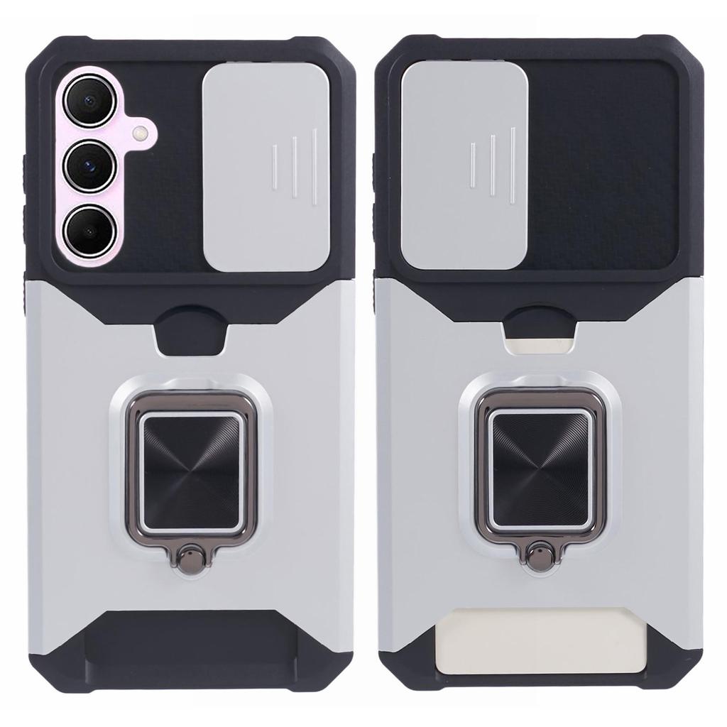 For Samsung Galaxy A55 5G Case PC+TPU Card Holder Phone Kickstand Cover with Slide Lens Lid