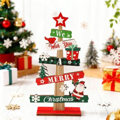 Panneau de Noël Décorations de Table en Forme d'Arbre en Bois Père Noël Bonhomme de Neige Boîtes Cadeaux Décor de Table pour Ferme Plateau Étagé Bureau Manteau de Cheminée Fête