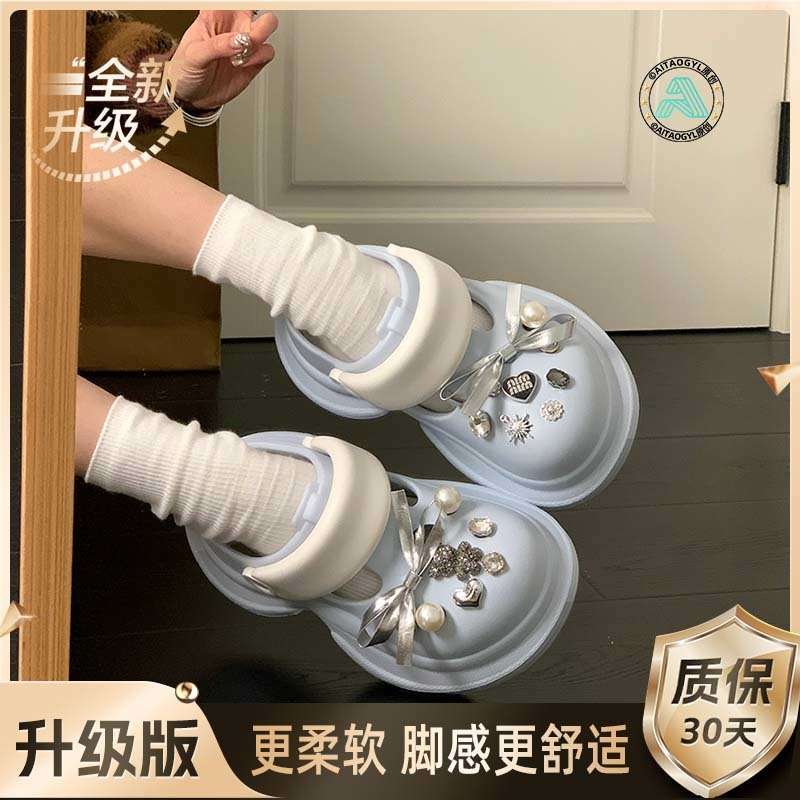 Sweet Bow Platform Hole Shoes Women's Spring and Summer 2025 New Outer Wear Heightening Rhinestone Bag Head Half Slippers