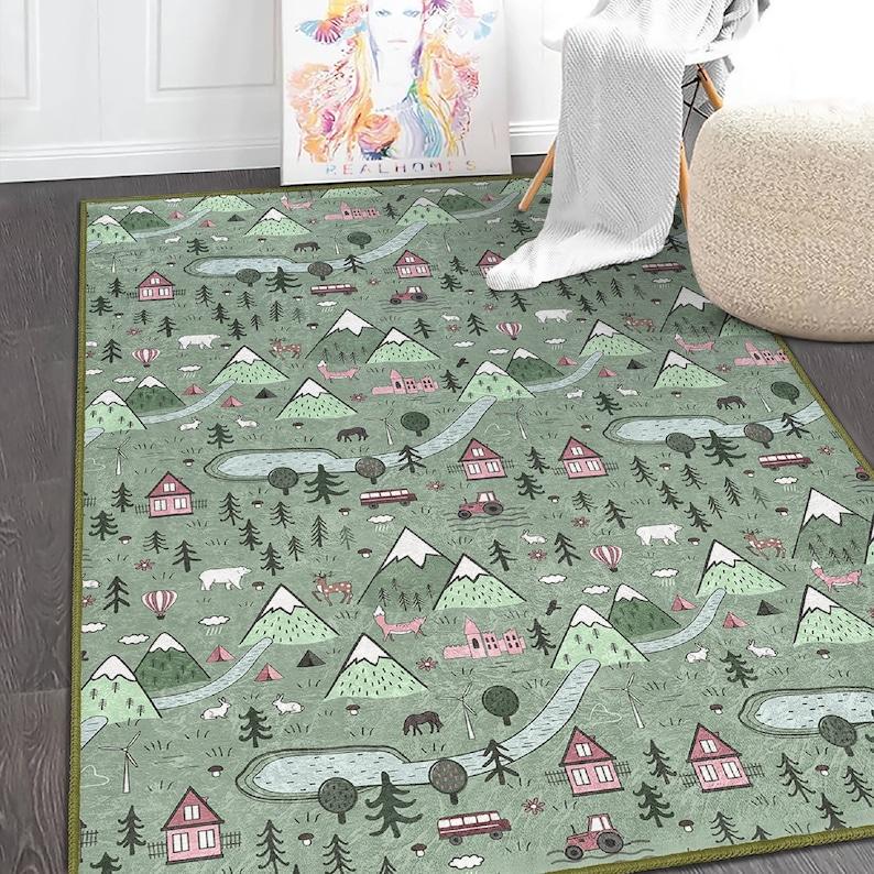 Cute Village Green Kids Rug Forest Jungle Theme Washable Play Mat Custom Design Easy Clean Carpet for Nursery Bedroom Playroom