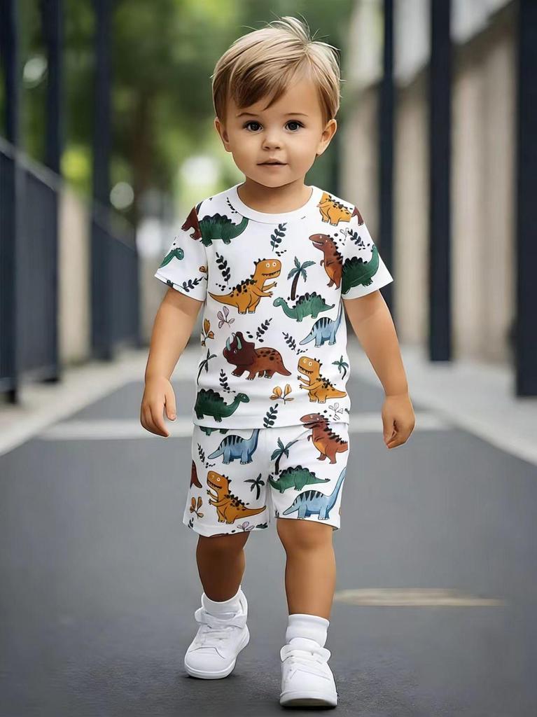 Completo 2 Pezzi Carino Multicolore con Stampa Dinosauri per Bambini Maschi, Abbigliamento Estivo Bianco a Cartoni Animati per Bambini, Perfetto per Giocare e All'Aperto