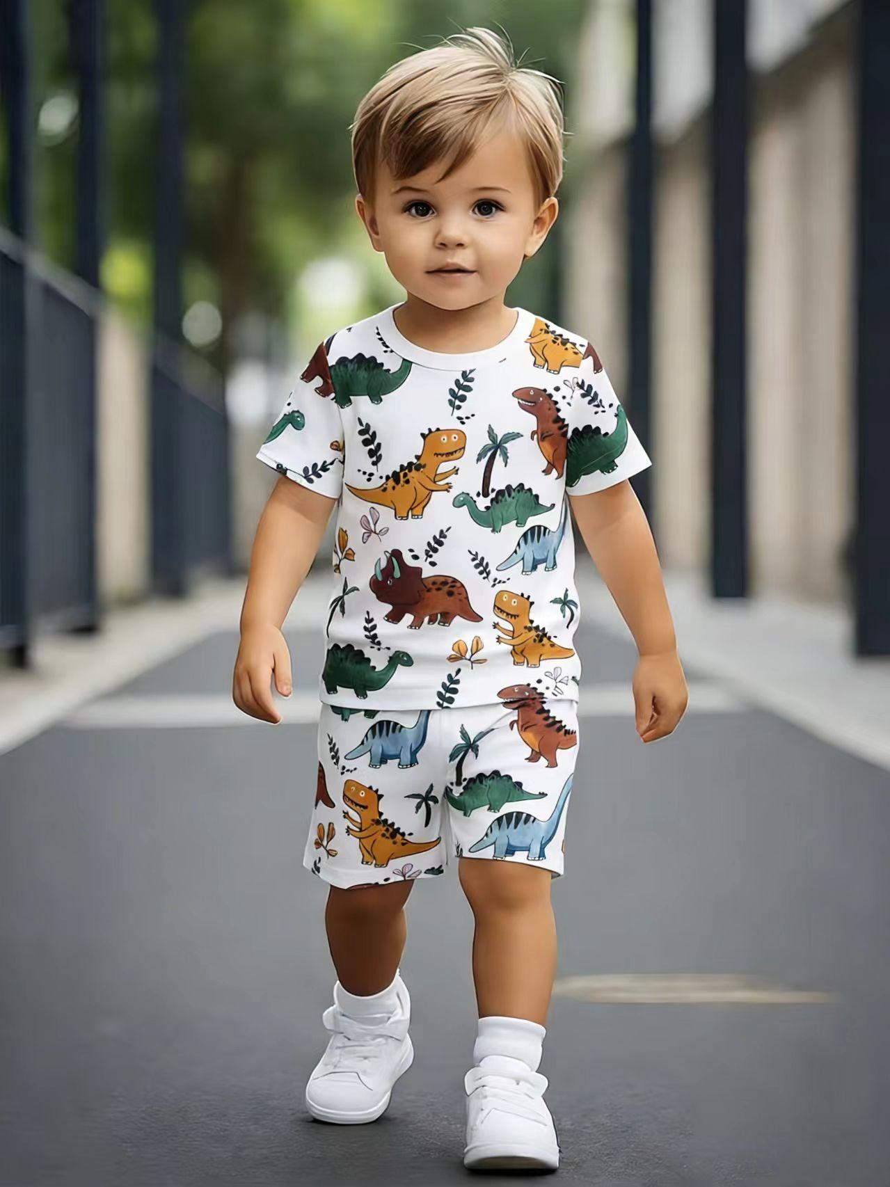 

Toddler Boys Cute Multicolor Dinosaur Print 2-Piece Outfit, Summer White Cartoon Clothes for Kids, Perfect for Playwear & Outdoor 5-6Y білий