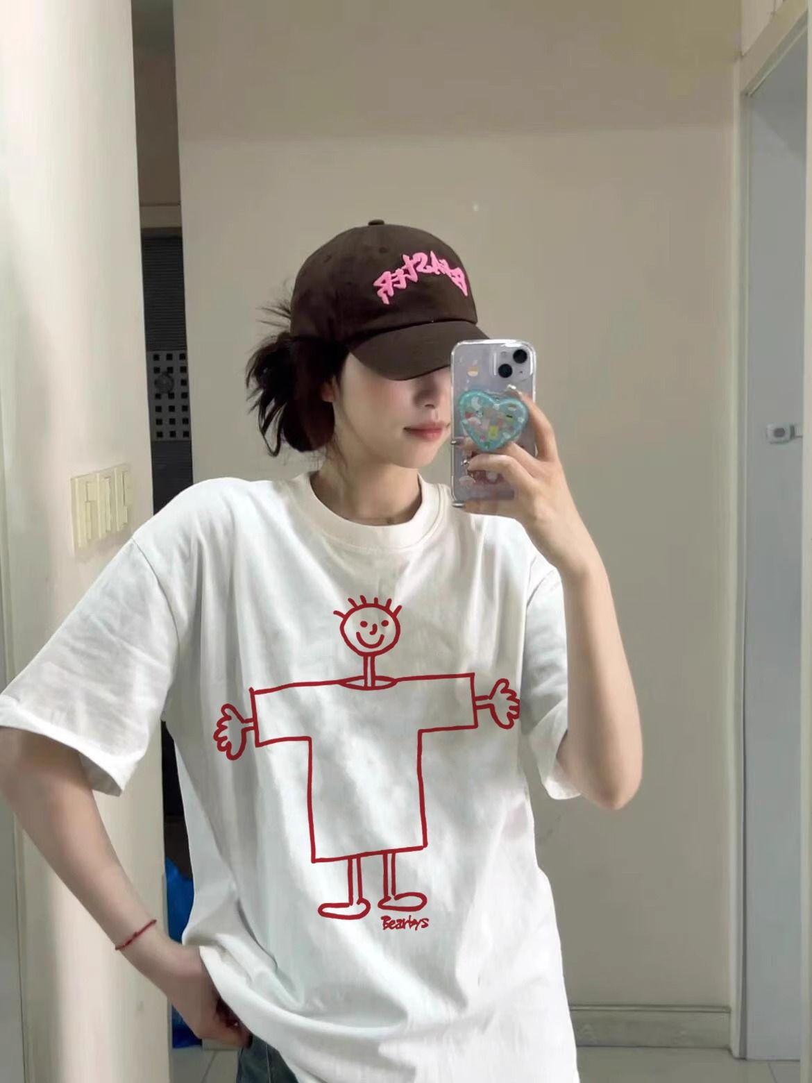 Women s White Cartoon Print Cotton T-Shirt - Loose Fit, Short Sleeves, Summer 2026 Collection S белый