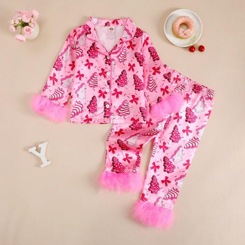 Girls Christmas Bow Print Pajama Set Long Sleeve Pants Soft Homewear Kids 3-8 Years