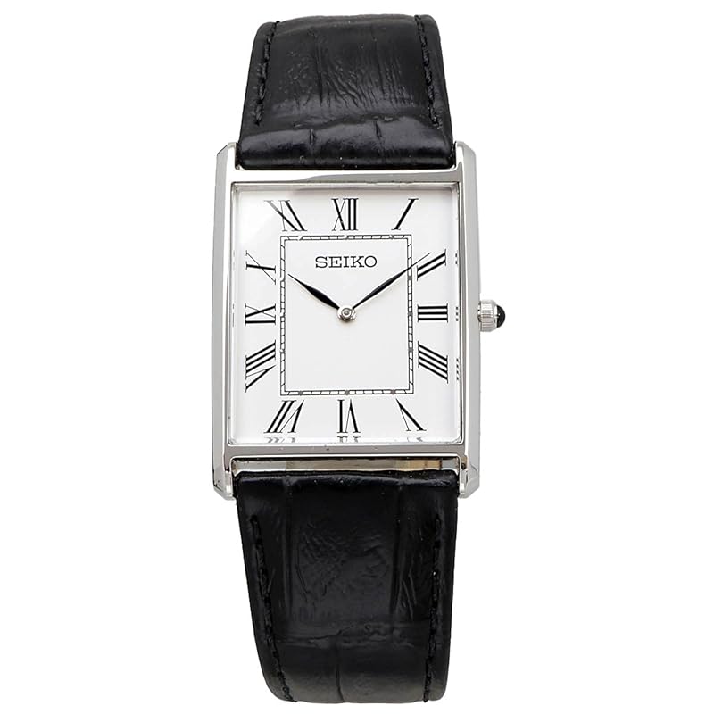 Seiko Men's Square Design Quartz Watch SWR049 with White Dial and Black Leather Band [Used]
