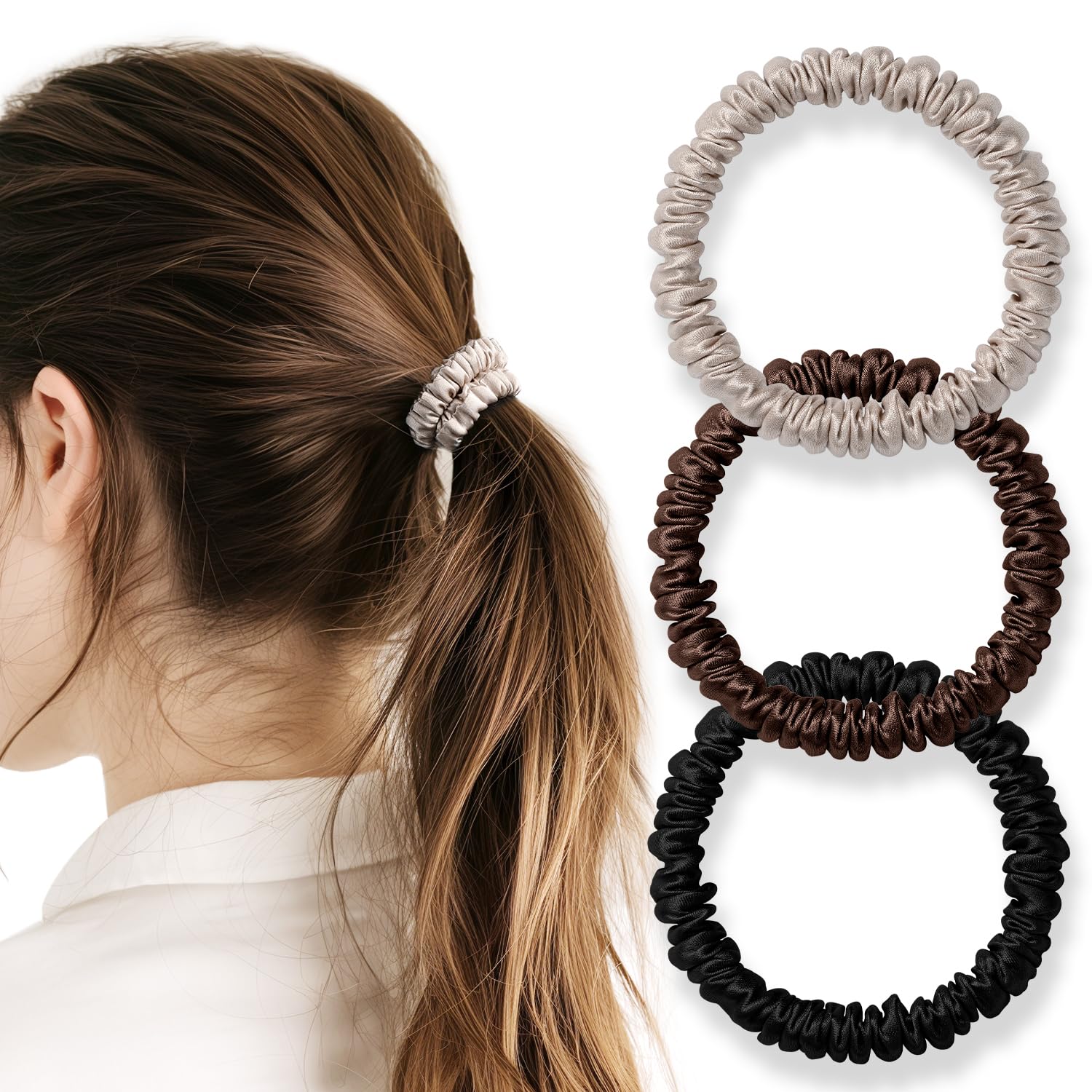 Silk hair ties 3-piece set Mothers Day gift 100 natural 6A grade reduces friction prevents static electricity gentle on no marks high elasticity adult