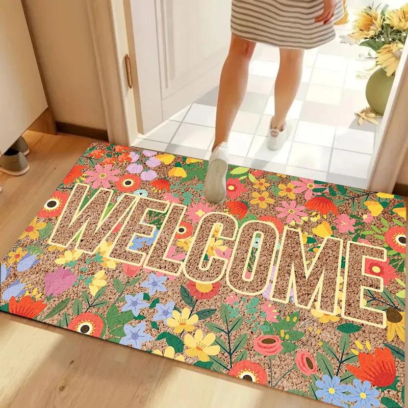VIKAMA Vintage Floral Welcome Doormat Anti-Slip Indoor and Outdoor Entrance Rug Kitchen Living Room Mat Home Decor