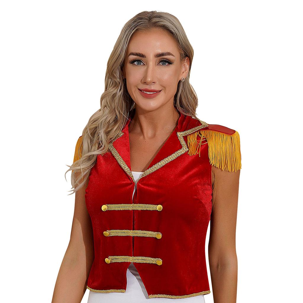 Womens Circus Ringmaster Vest Lapel Sleeveless Tassels Velvet Waistcoat Irregular Hem Button Design Cosplay Costume