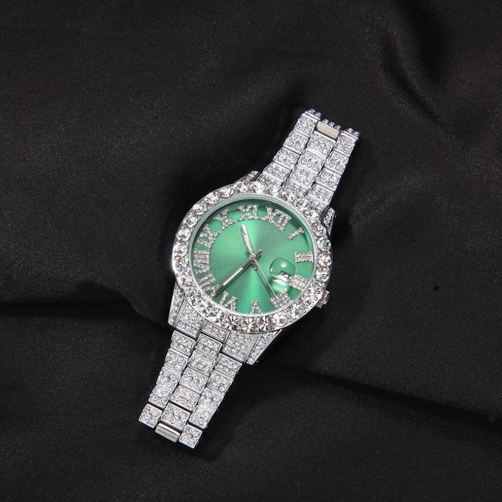 Roman Numerals Diamond-encrusted Men's Watch Trendy Brand Green-faced Large Dial Quartz Watch, One Piece Is Sent On Behalf of Others.