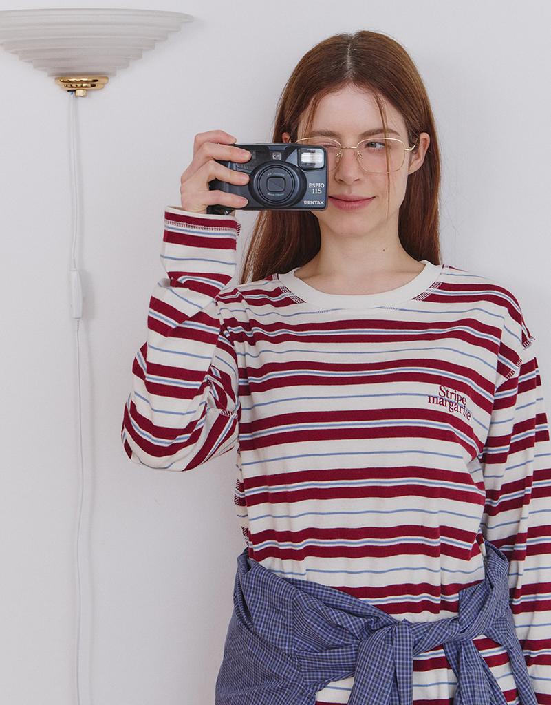 Seuteulaipeumagalin Buff Stripe Overlock Loose Long Sleeve Tee Red