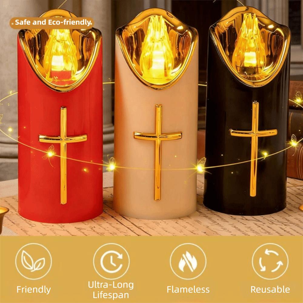 Christian Cross LED Flameless Candles Realistic Flame Fake Candle Electronic Candles Catholic