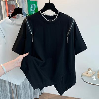 DIMANAF 2024 Women T-Shirt Zipper Female Solid O-Neck Cotton Loose Short Sleeve Tops&Tees