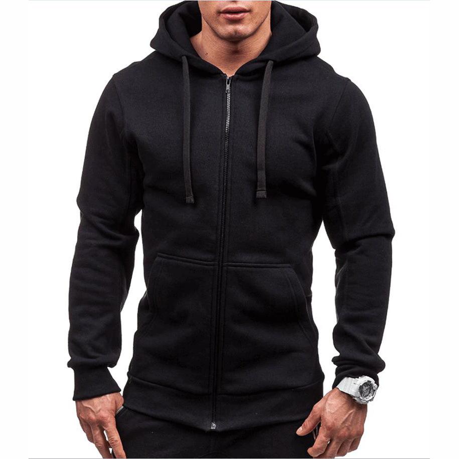 Men Casual Solid Color Long Sleeve Zip Up Hooded Thick Sweatshirt M
