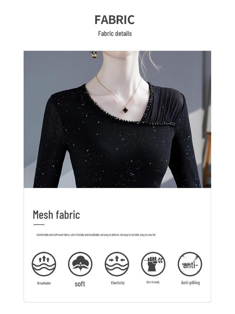 Women's Hand-Beaded Mesh Top - Slanted Neck, Long Sleeve, Autumn/Spring Fashion