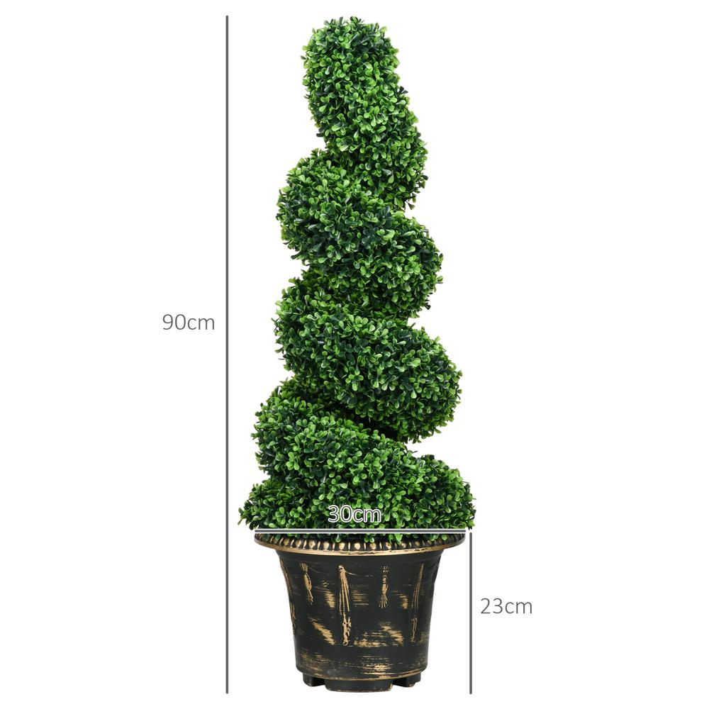 Conjunto de 2 Plantas Artificiais, Árvores de Buxo Espiral Topiário com Vaso, para Decoração Interna Externa de Casa, 90cm