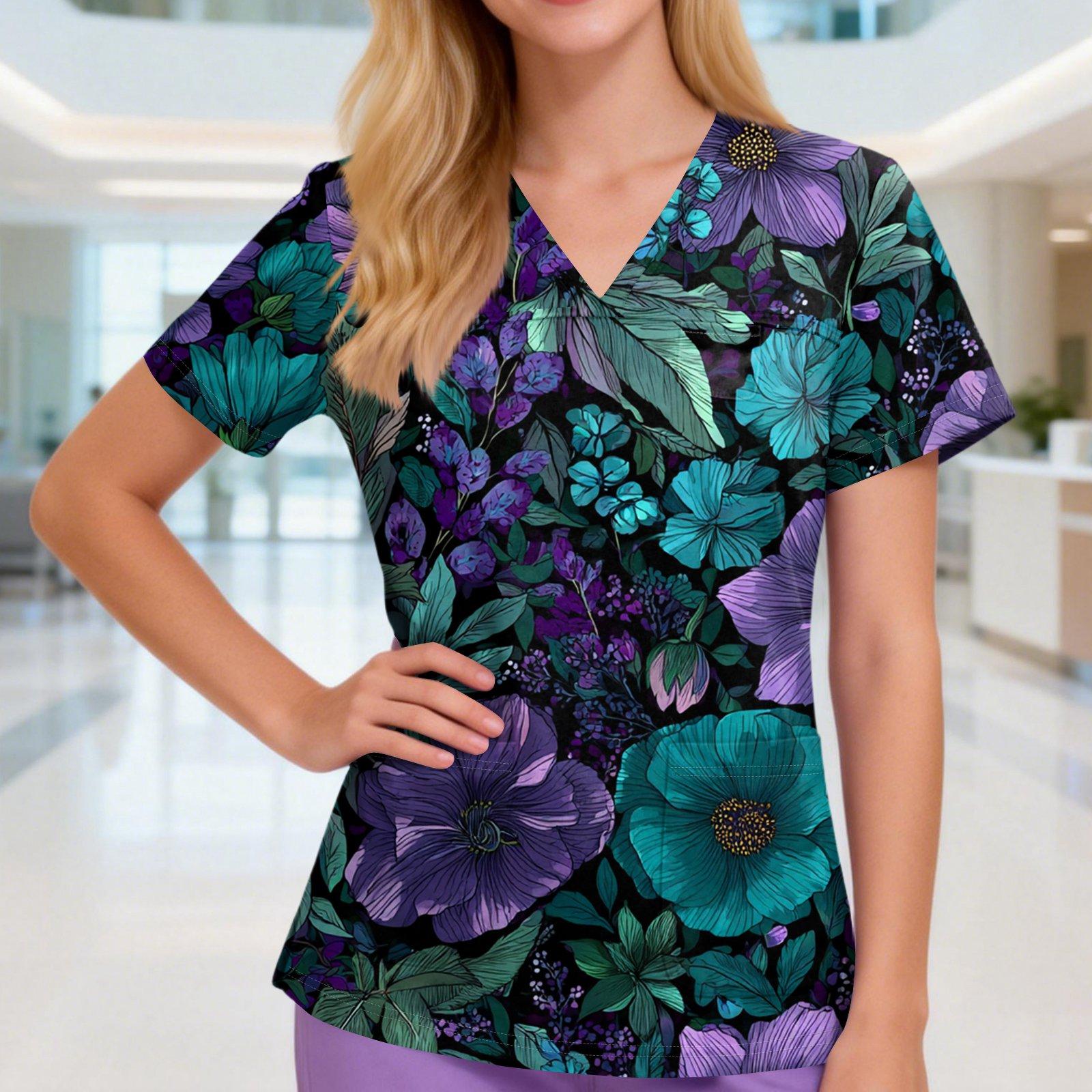 

Женский V-образный вырез, три кармана, короткий рукав, ретро-принт, униформа/топ для сиделки с разрезами по подолу M