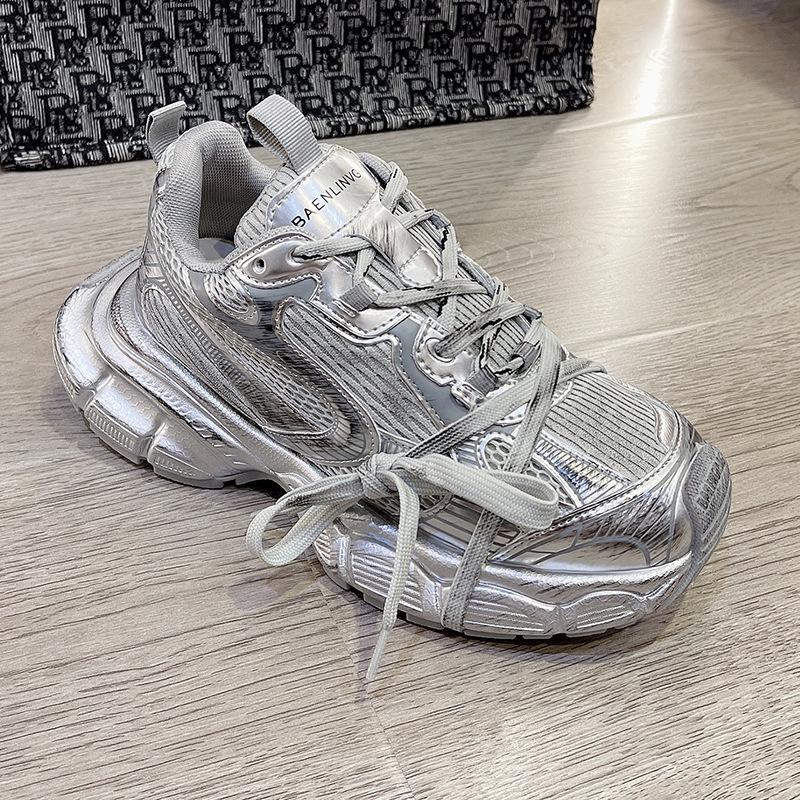 

Обувь Daddy 2024 года, новые дышащие спортивные туфли на толстой подошве с ремешками, повседневная женская обувь на весну, высокое качество 35 серебряный