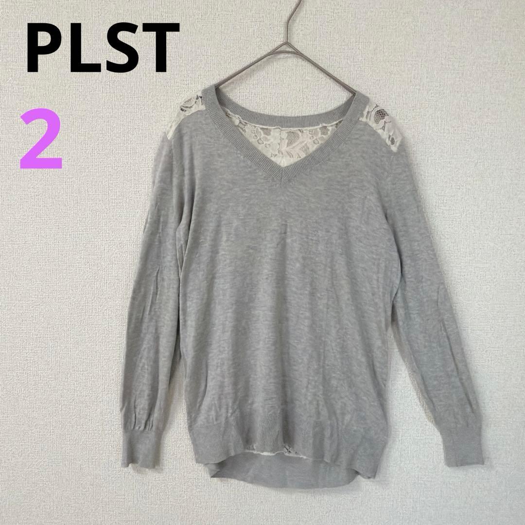 [PLASTE] PLST V-neck knit back sheer lace gray 2