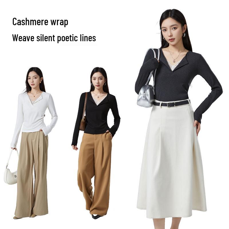 Antibacterial Women's Heated V-Neck Slimming Lace Patchwork Wool Long Sleeve T-Shirt