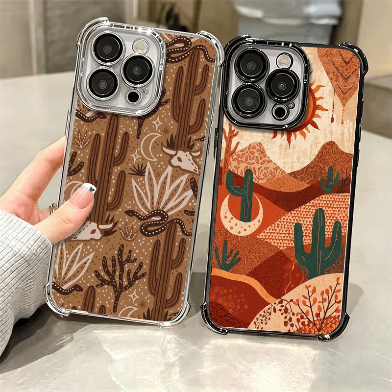 Cactus Pattern Plating Phone Case For Iphone 16 17 Pro Max Air 16E 14 15 Plus 12 13 Mini Anti-Fall Airabag Cover