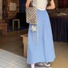 Women's Summer Blue Plaid High-Waist Elastic A-Line Umbrella Midi Skirt - Korean Style Slim-Fit with Flared Silhouette
